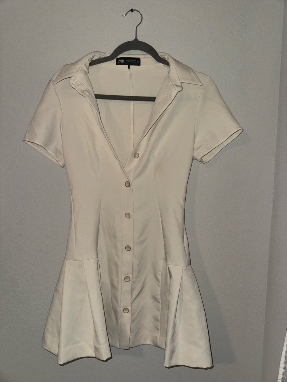 Zara Cream Button-Down Flared Short-Sleeve Dress